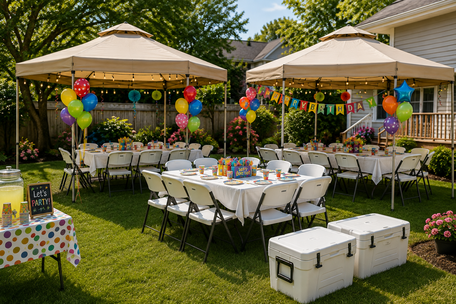 Illustrative backyard birthday setup with canopy tents, folding tables, chairs, and coolers